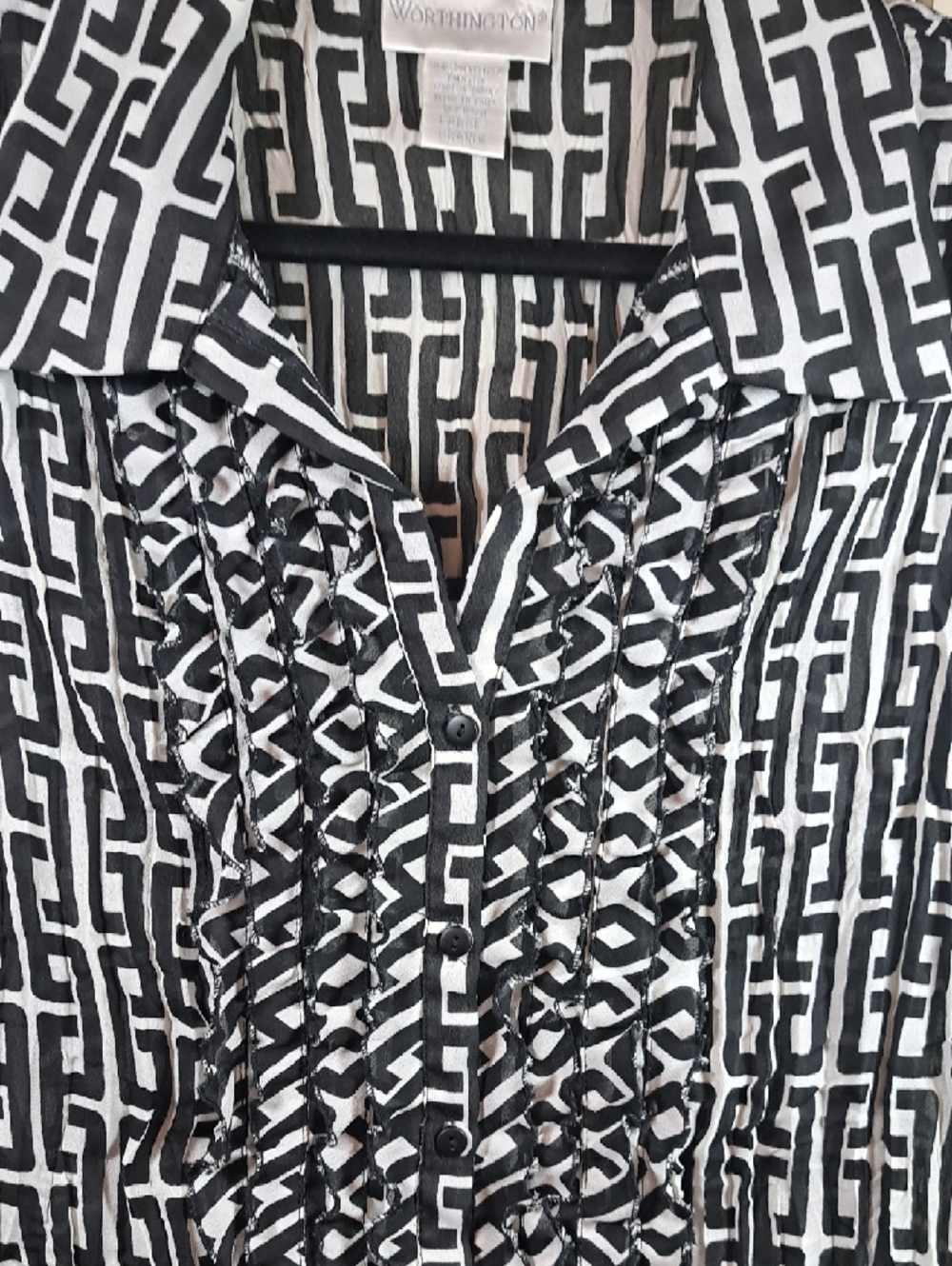 Worthington Black & White Geometric Ruffle Front Blouse - Picture 2 of 7